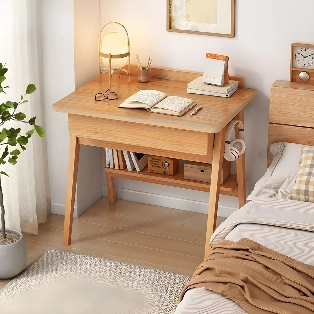 Small Wood Writing Desk with Drawers and Exterior Shelf Image - 11