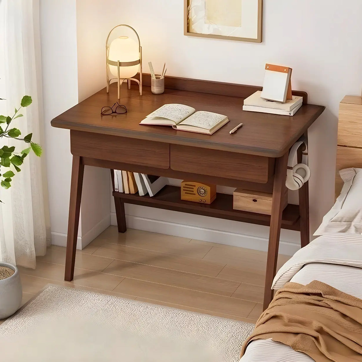 Small Wood Writing Desk with Drawers and Exterior Shelf Image - 13