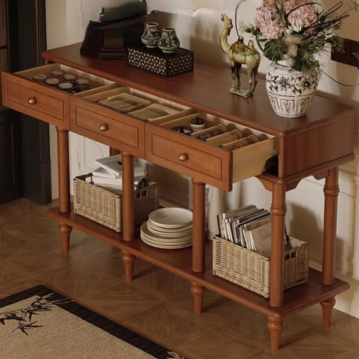 Soft Close Wooden Rectangular Brown Storage Console Table Image - 1