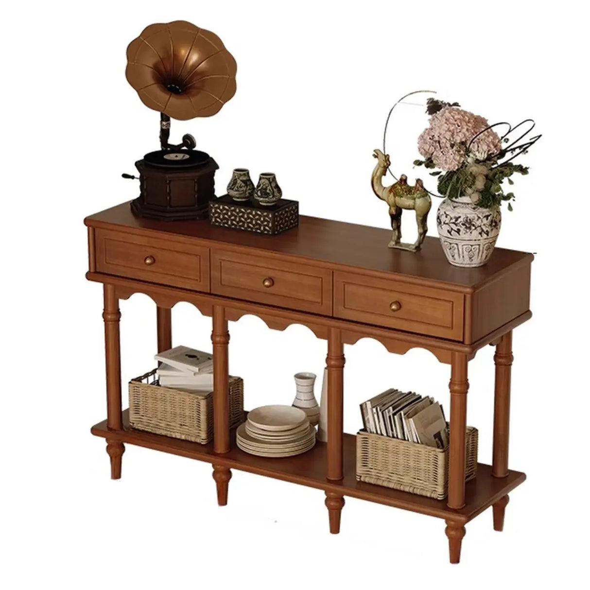 Soft Close Wooden Rectangular Brown Storage Console Table Image - 2