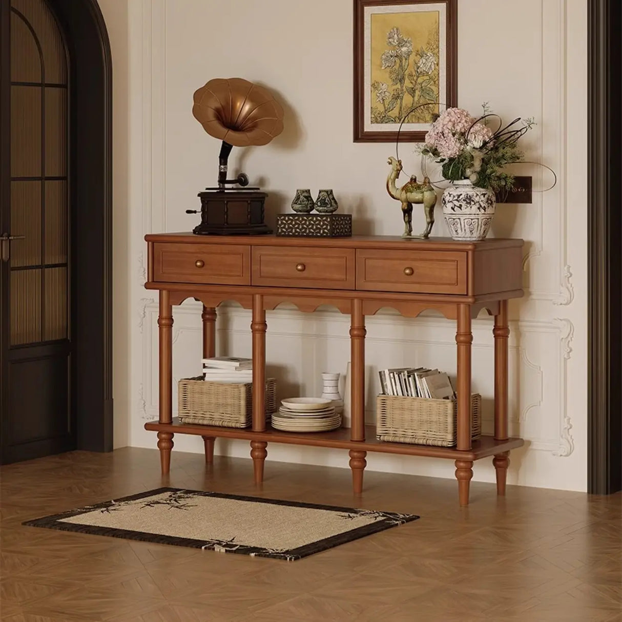 Soft Close Wooden Rectangular Brown Storage Console Table Image - 3