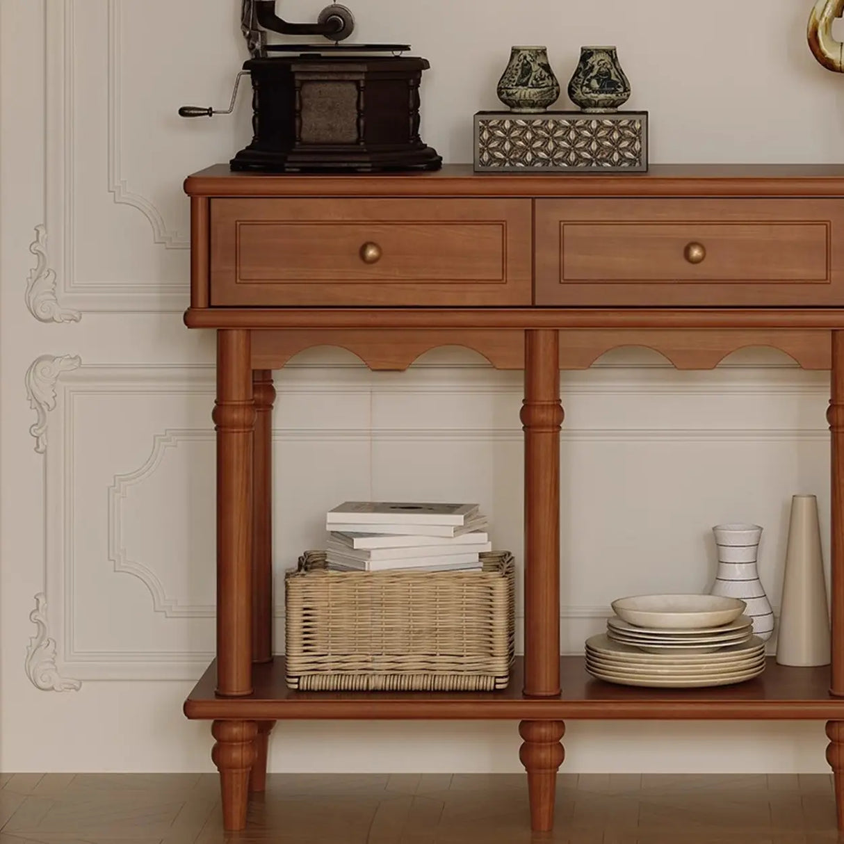 Soft Close Wooden Rectangular Brown Storage Console Table Image - 4