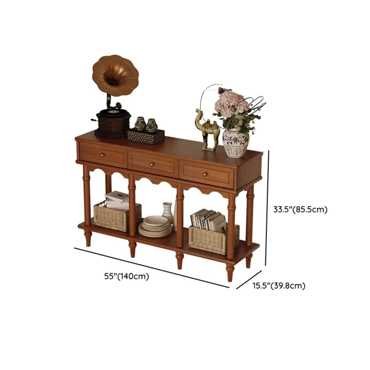 Soft Close Wooden Rectangular Brown Storage Console Table