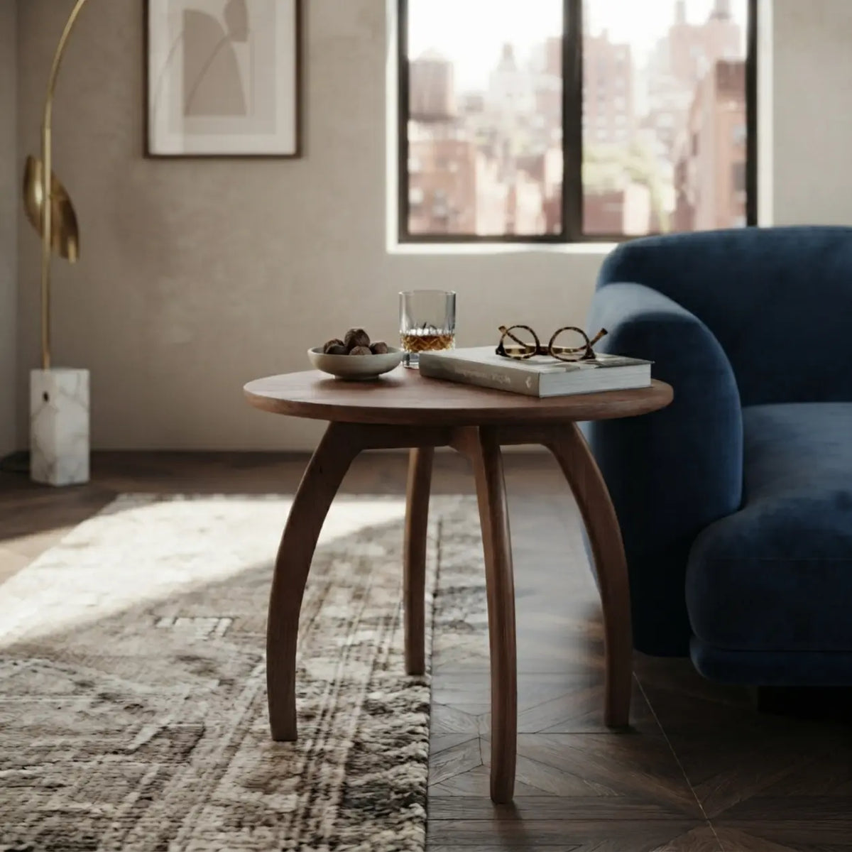 Solid Ash Wood Round Side Table with Curved Legs Image - 8