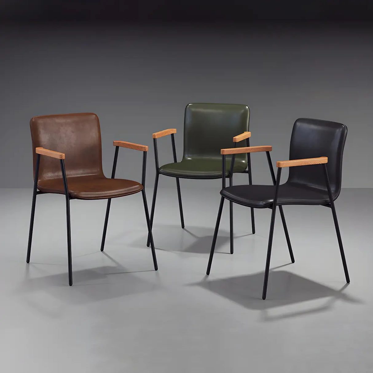 Solid Back Leather Upholstered Armrest Dining Chair Image - 3