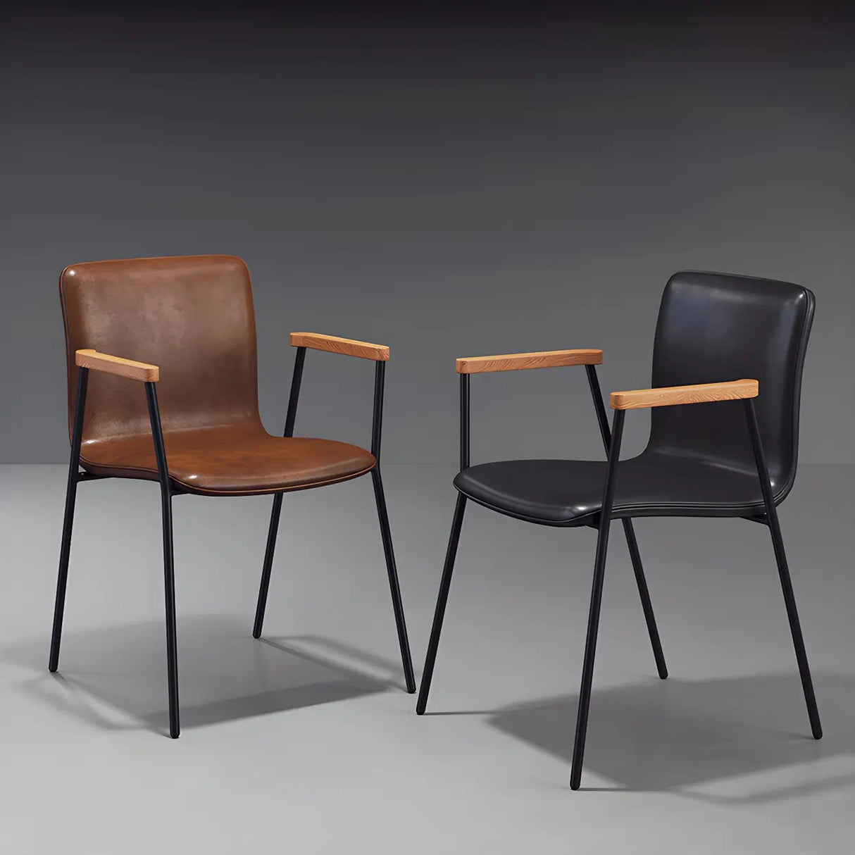 Solid Back Leather Upholstered Armrest Dining Chair Image - 5