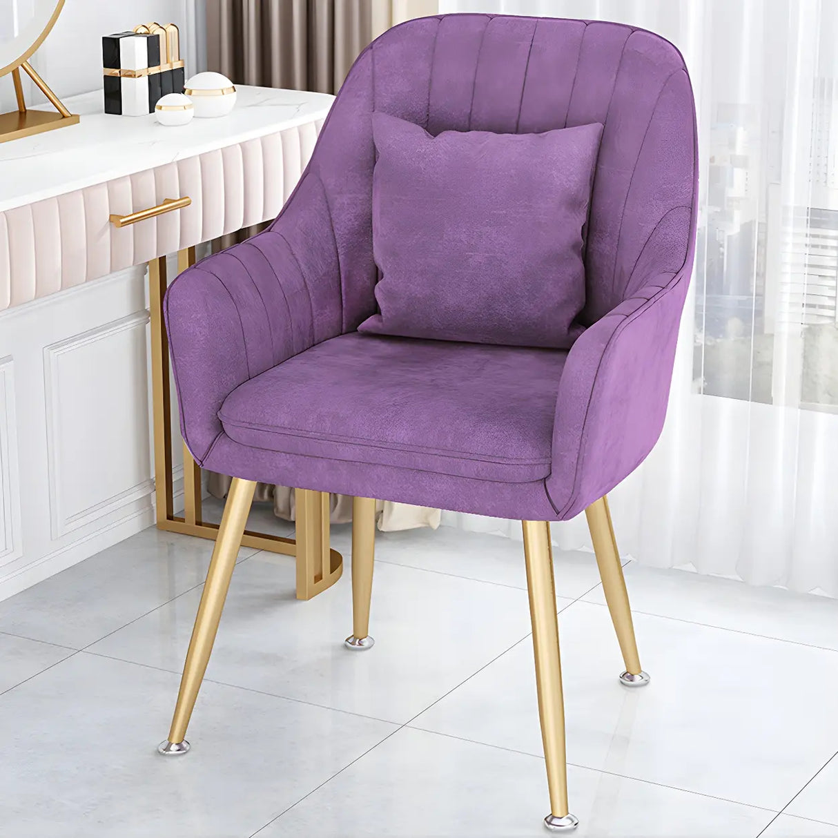 Solid Back Metal Leg Upholstered Dining Arm Chair Image - 13