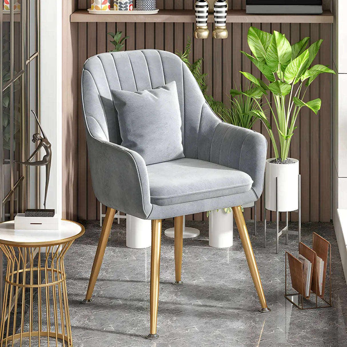 Solid Back Metal Leg Upholstered Dining Arm Chair Image - 16