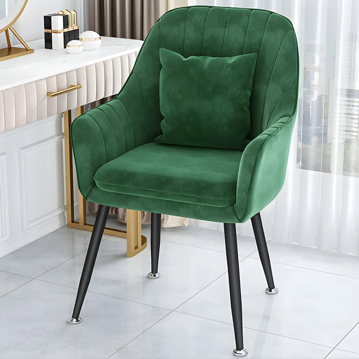 Solid Back Metal Leg Upholstered Dining Arm Chair Image - 2