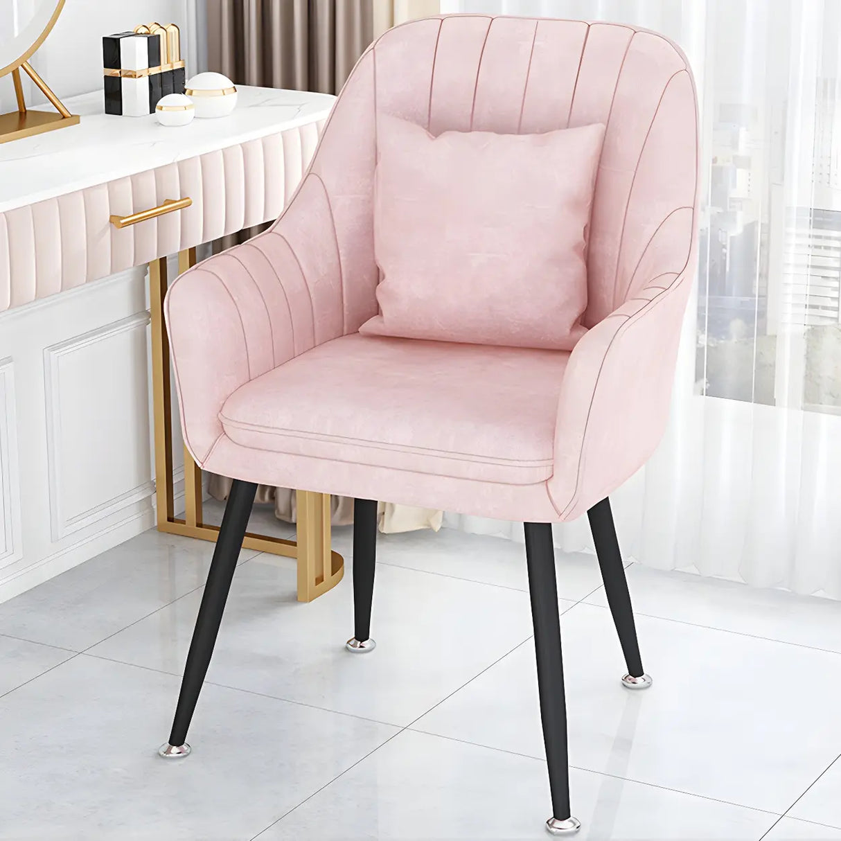Solid Back Metal Leg Upholstered Dining Arm Chair Image - 24