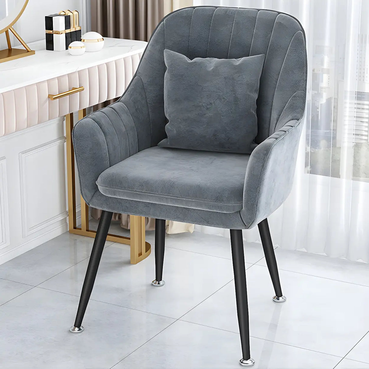 Solid Back Metal Leg Upholstered Dining Arm Chair Image - 27