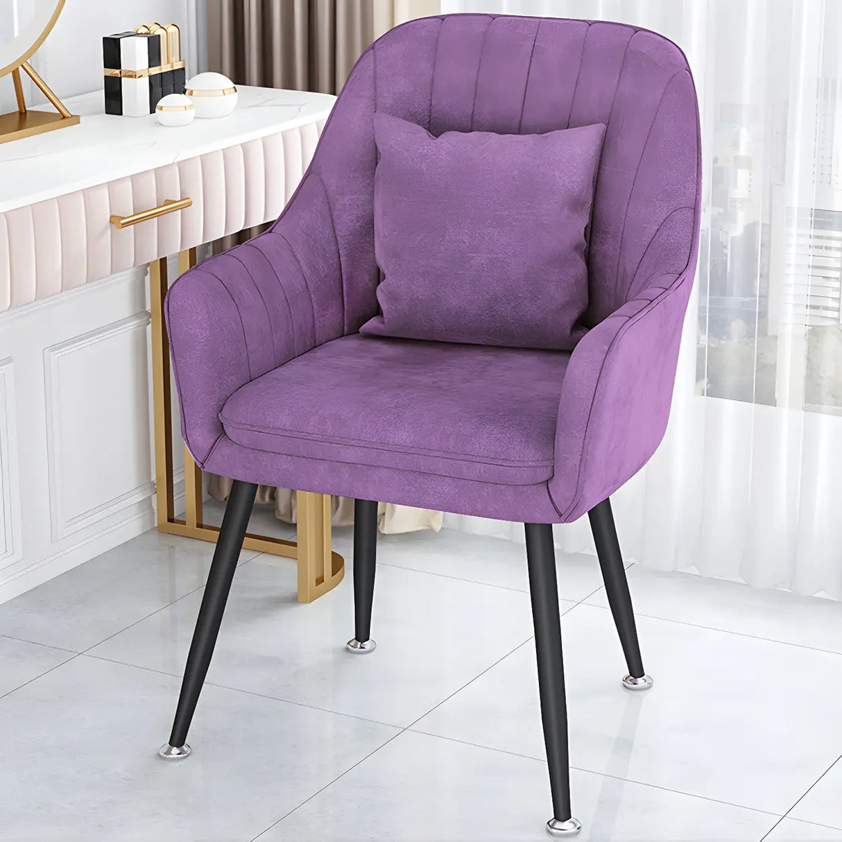 Solid Back Metal Leg Upholstered Dining Arm Chair Image - 9