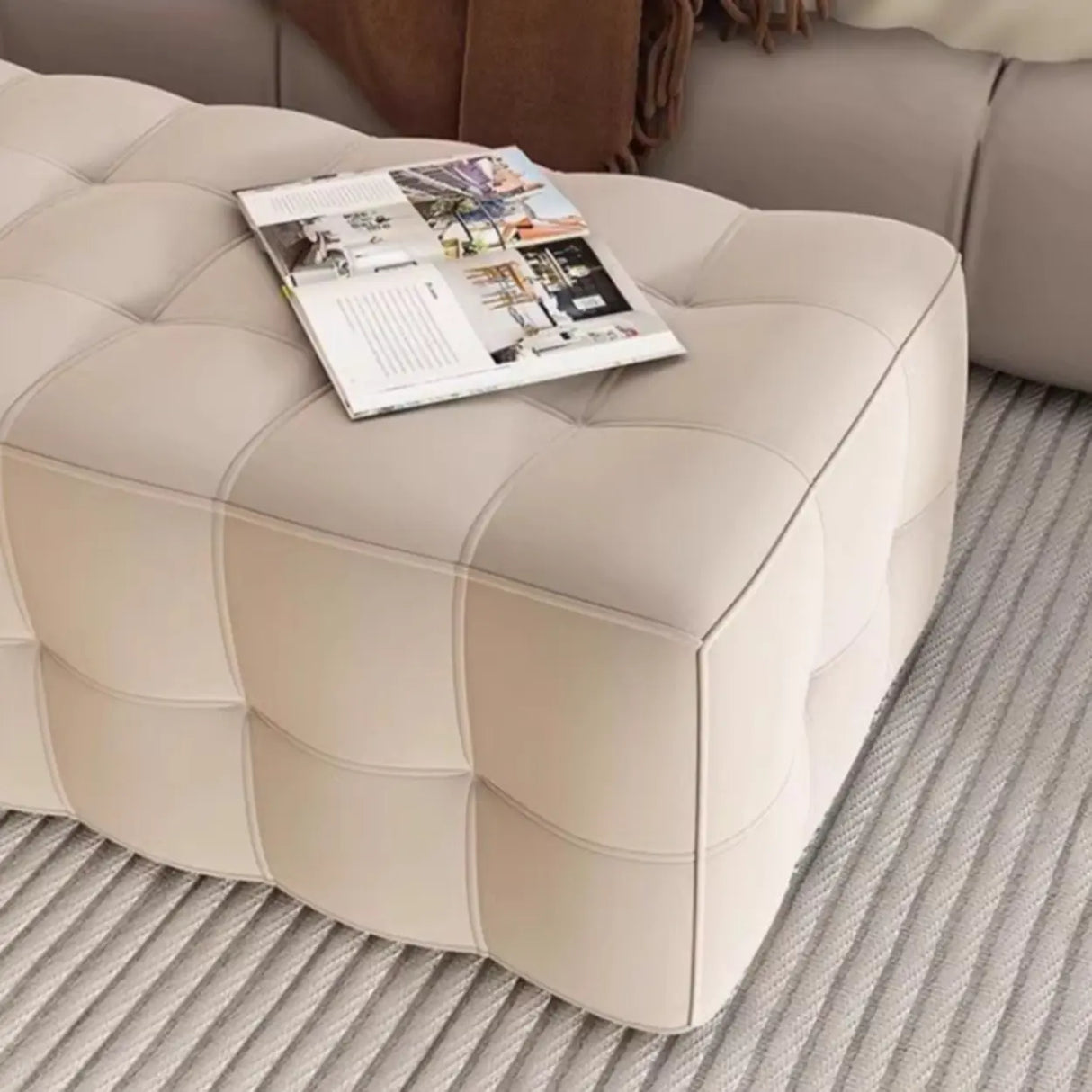 Solid Beige Upholstered Short Height Bedroom Bench Image - 5