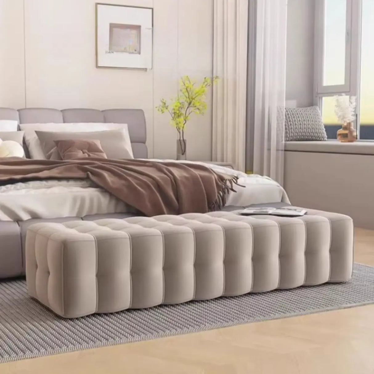 Solid Beige Upholstered Short Height Bedroom Bench Image - 6