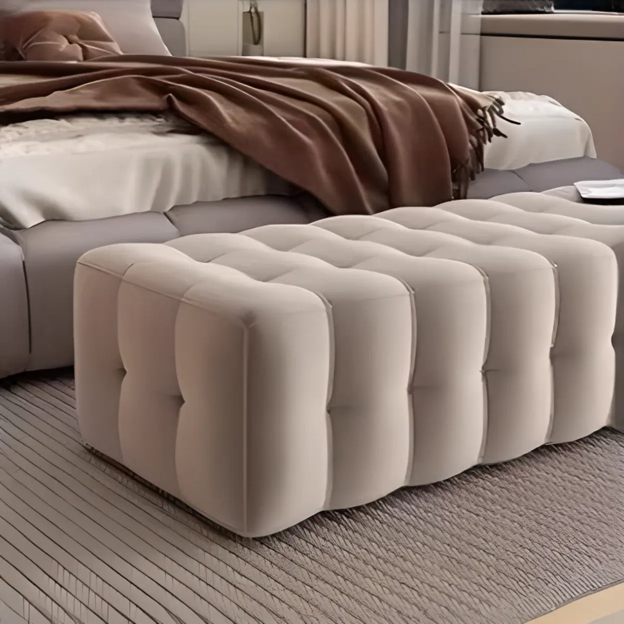 Solid Beige Upholstered Short Height Bedroom Bench Image - 7