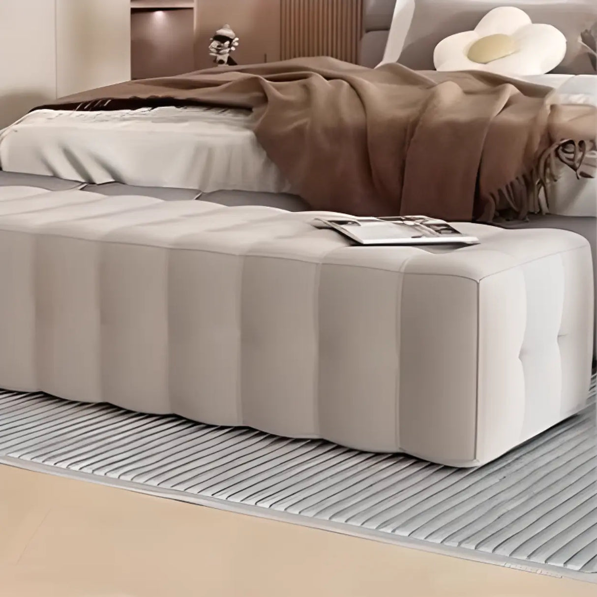 Solid Beige Upholstered Short Height Bedroom Bench Image - 8