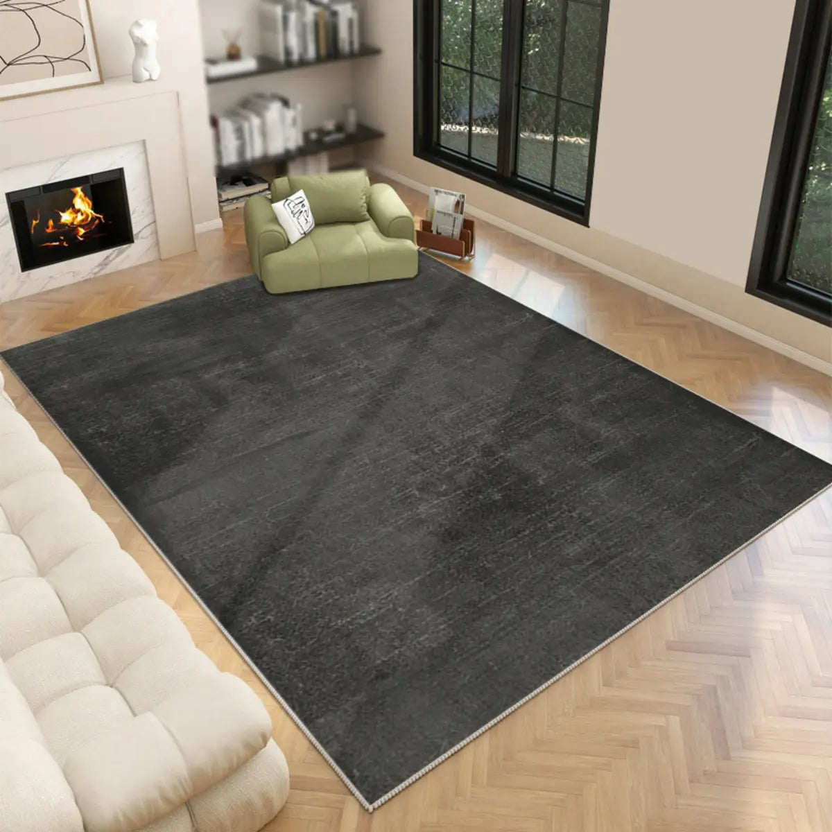 Solid Color Polyester Black Rectangular Area Rug Image - 1