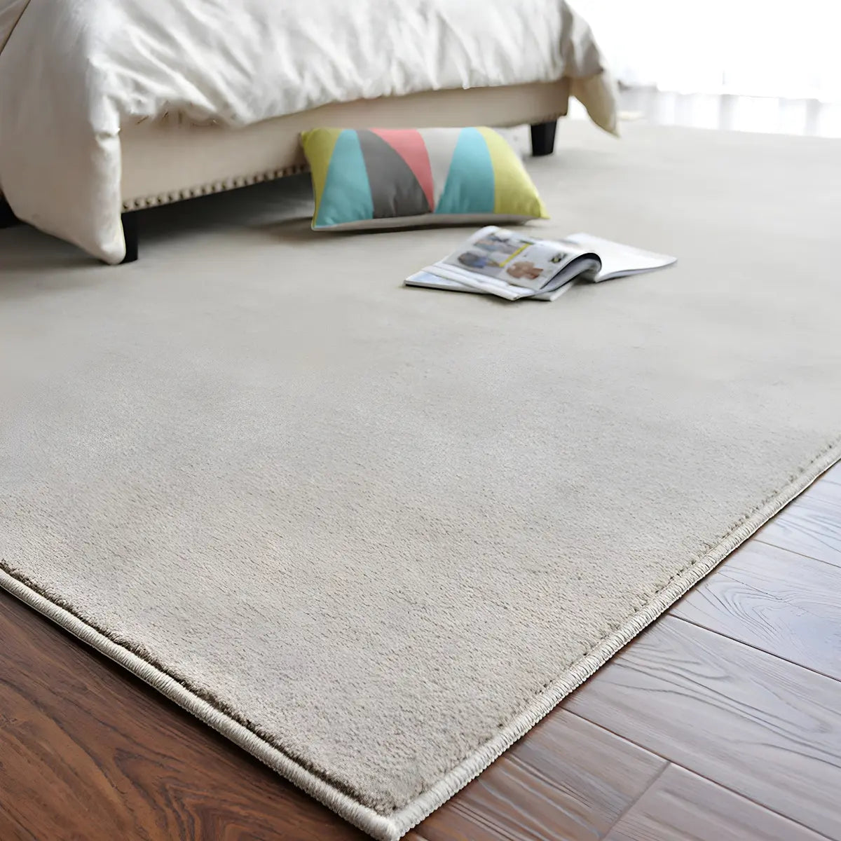 Solid Color Rectangular Polyester Beige Bedroom Area Rug Image - 1