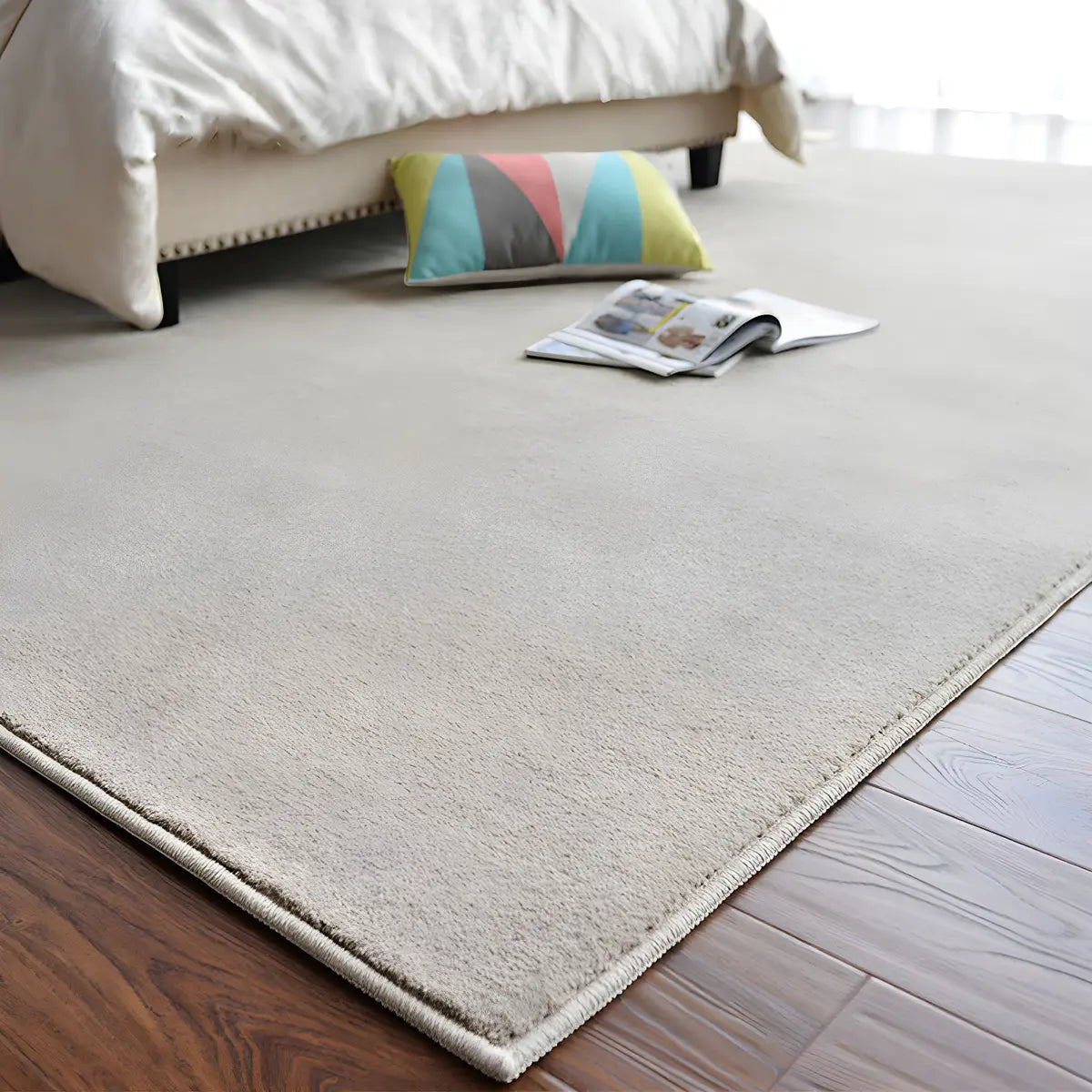 Solid Color Rectangular Polyester Beige Bedroom Area Rug Image - 2
