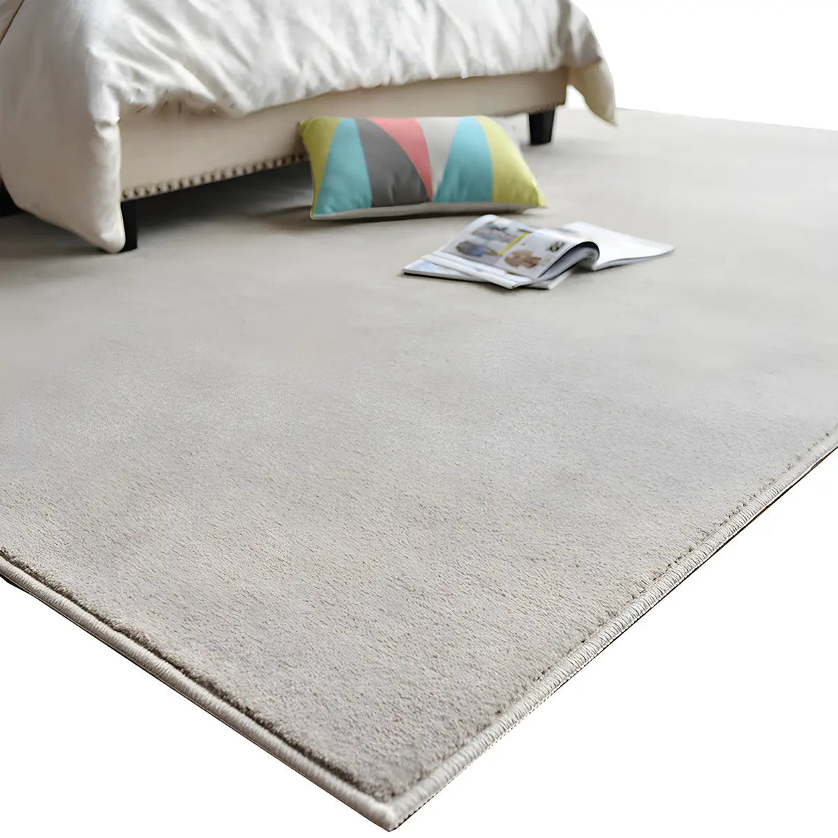 Solid Color Rectangular Polyester Beige Bedroom Area Rug Image - 5