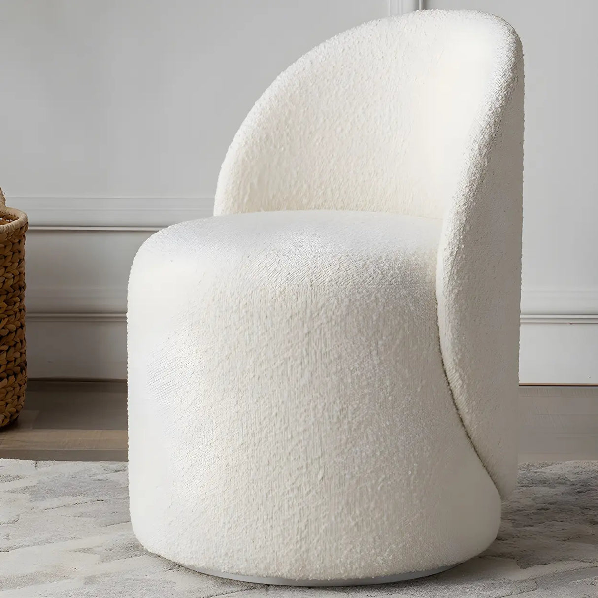 Solid Color White Round Wool Vanity Stool with Backrest Image - 4