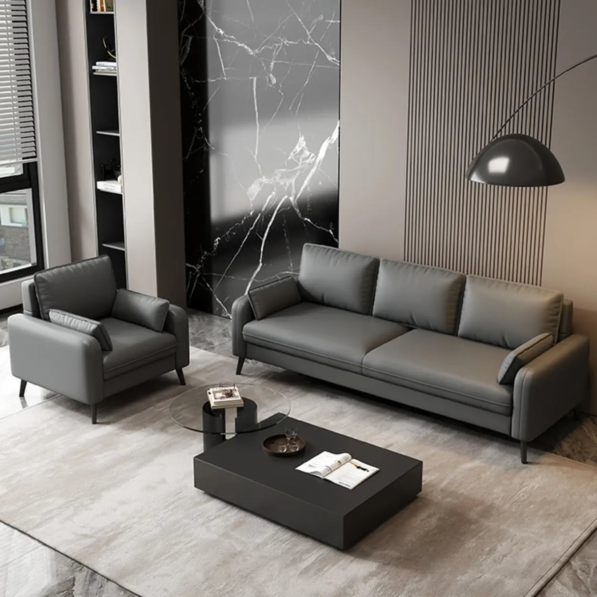 Solid Grey Water Resistant Leather Square Arm Sofa Image - 3