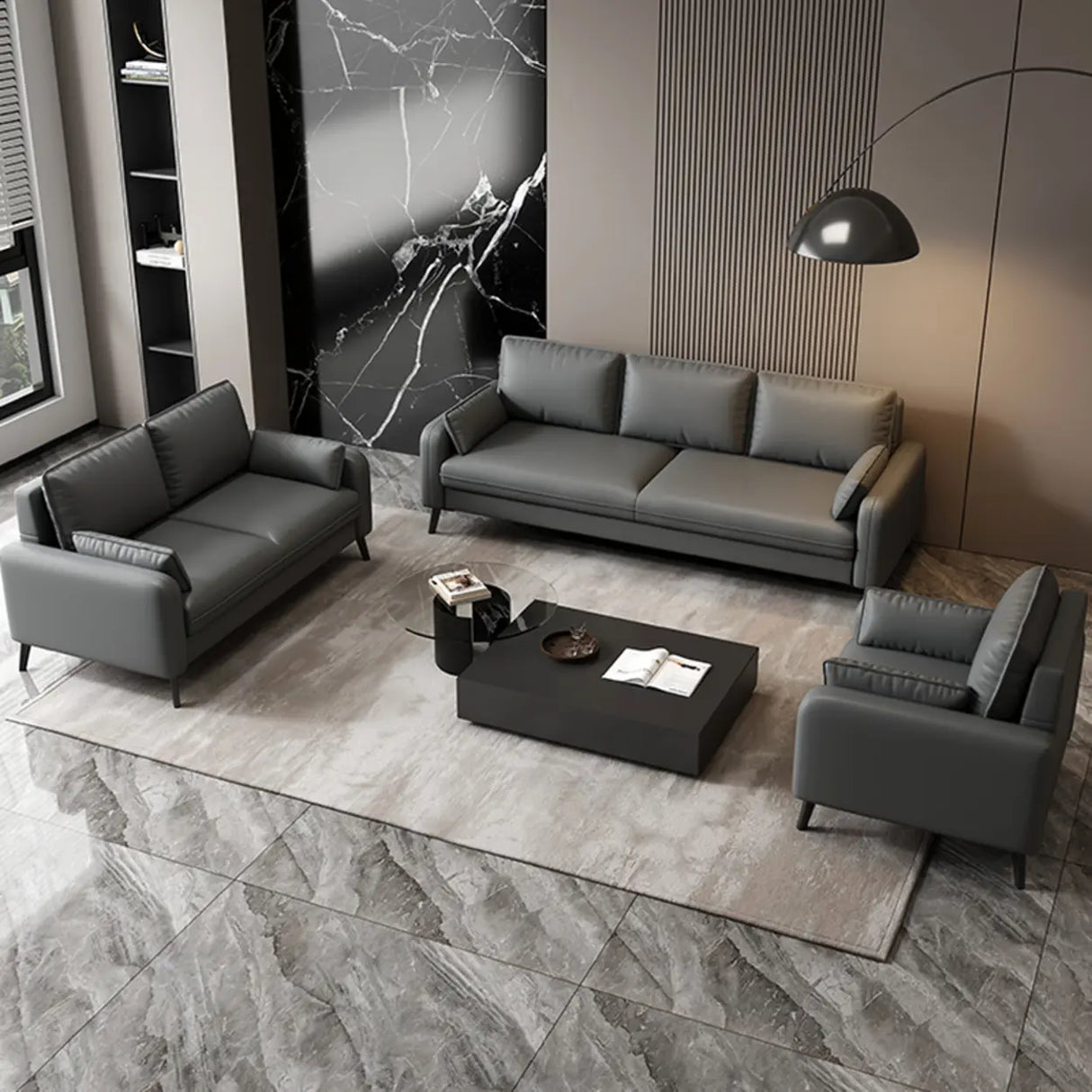 Solid Grey Water Resistant Leather Square Arm Sofa Image - 4