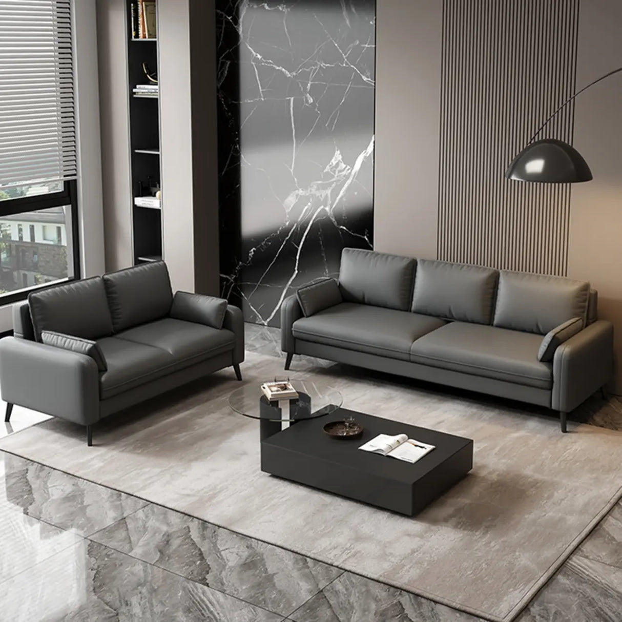 Solid Grey Water Resistant Leather Square Arm Sofa Image - 5