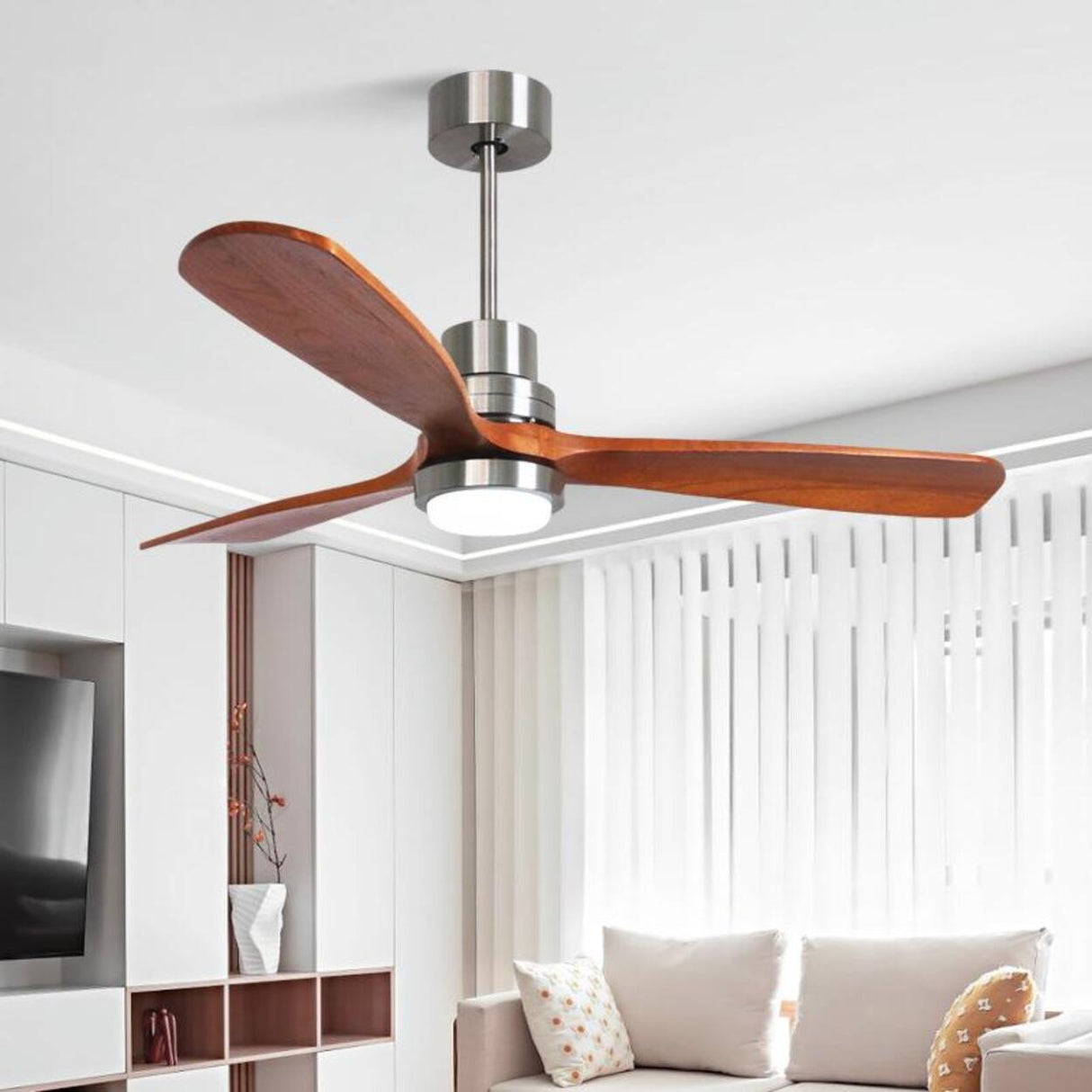 Solid Wood 3 Blades Remote Ceiling Fan with LED Light Image - 1