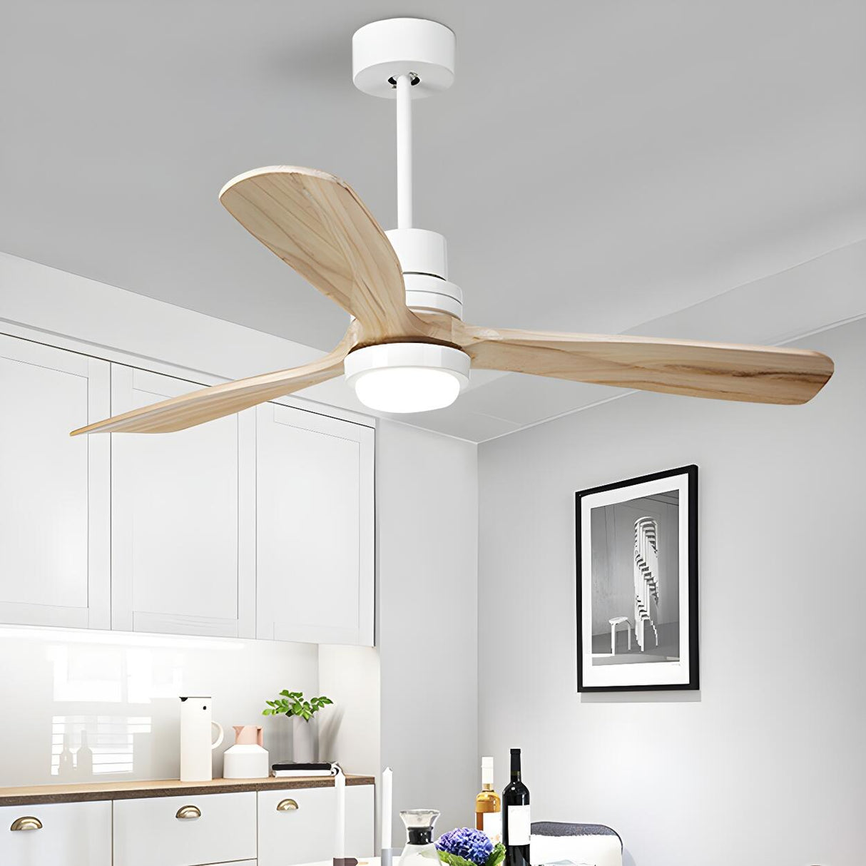 Solid Wood 3 Blades Remote Ceiling Fan with LED Light Image - 11
