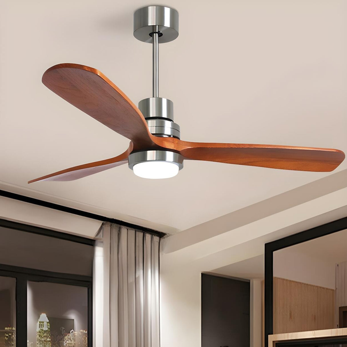 Solid Wood 3 Blades Remote Ceiling Fan with LED Light Image - 12