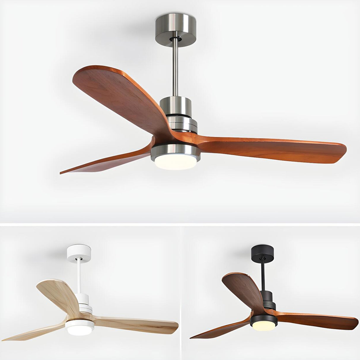 Solid Wood 3 Blades Remote Ceiling Fan with LED Light Image - 13