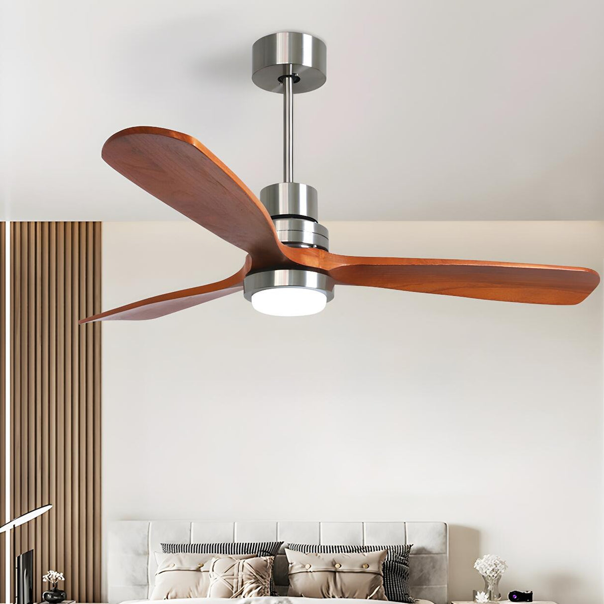 Solid Wood 3 Blades Remote Ceiling Fan with LED Light Image - 2