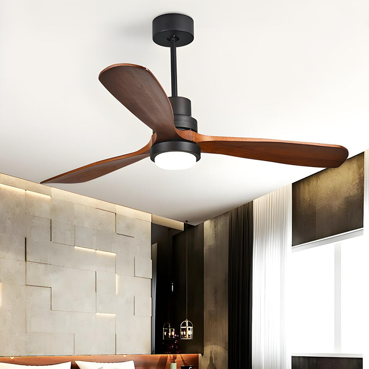 Solid Wood 3 Blades Remote Ceiling Fan with LED Light Image - 3