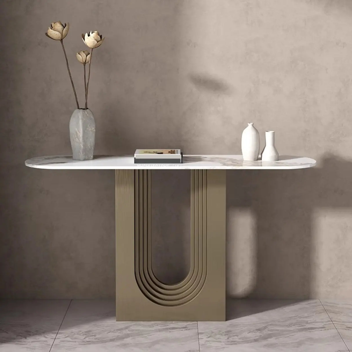 Sophisticated Abstract White Oval Marble Console Table Image - 1