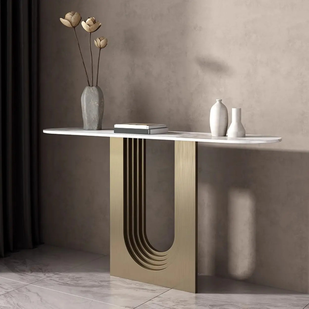 Sophisticated Abstract White Oval Marble Console Table Image - 4