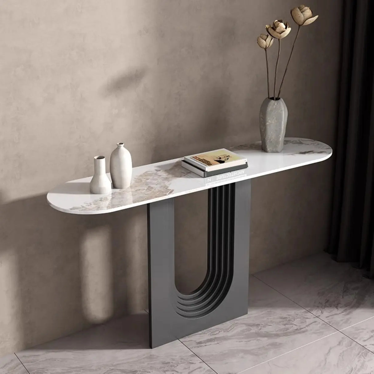 Sophisticated Abstract White Oval Marble Console Table Image - 5