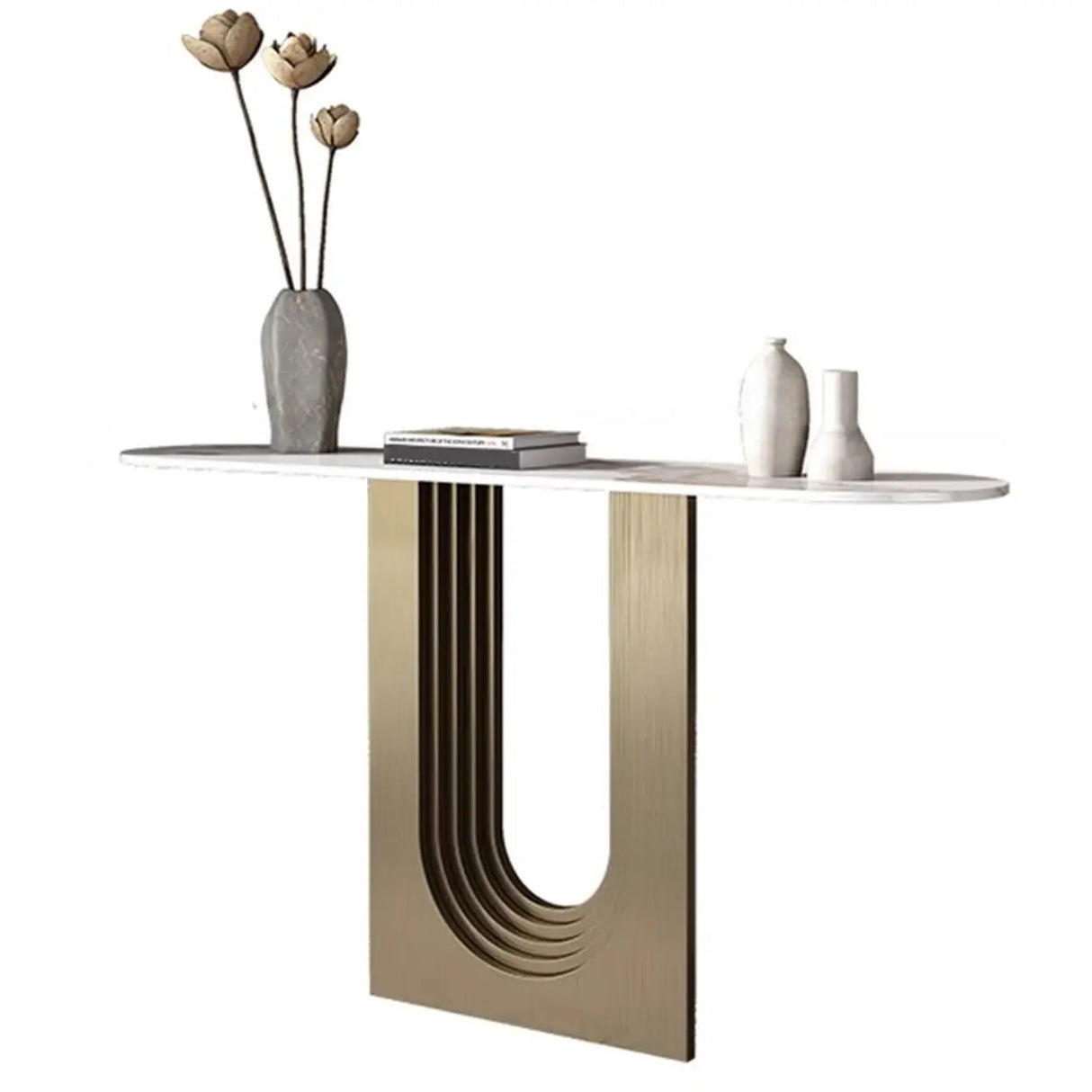 Sophisticated Abstract White Oval Marble Console Table Image - 6