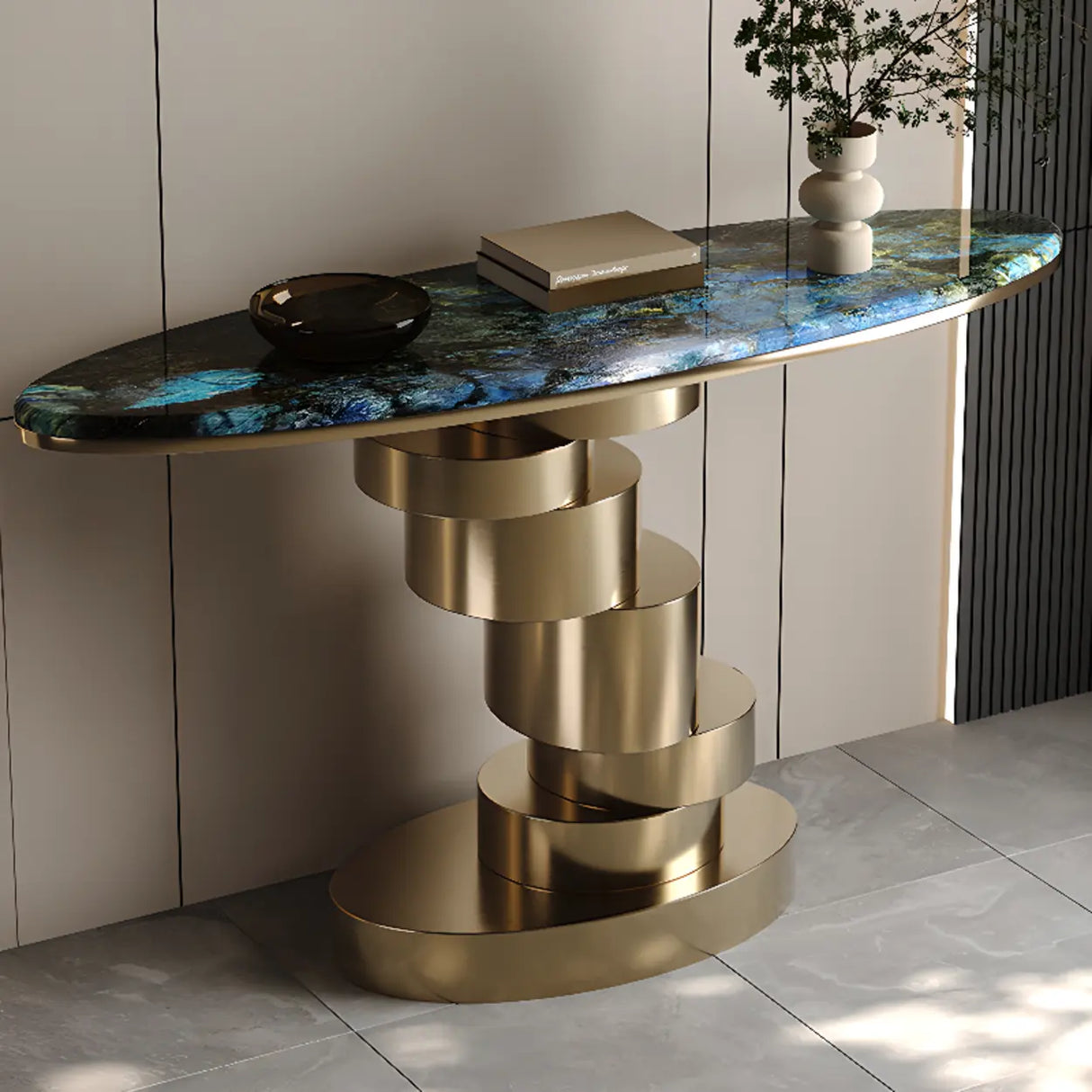 Sophisticated Oval Marble and Gold Decorative Console Table Image - 1