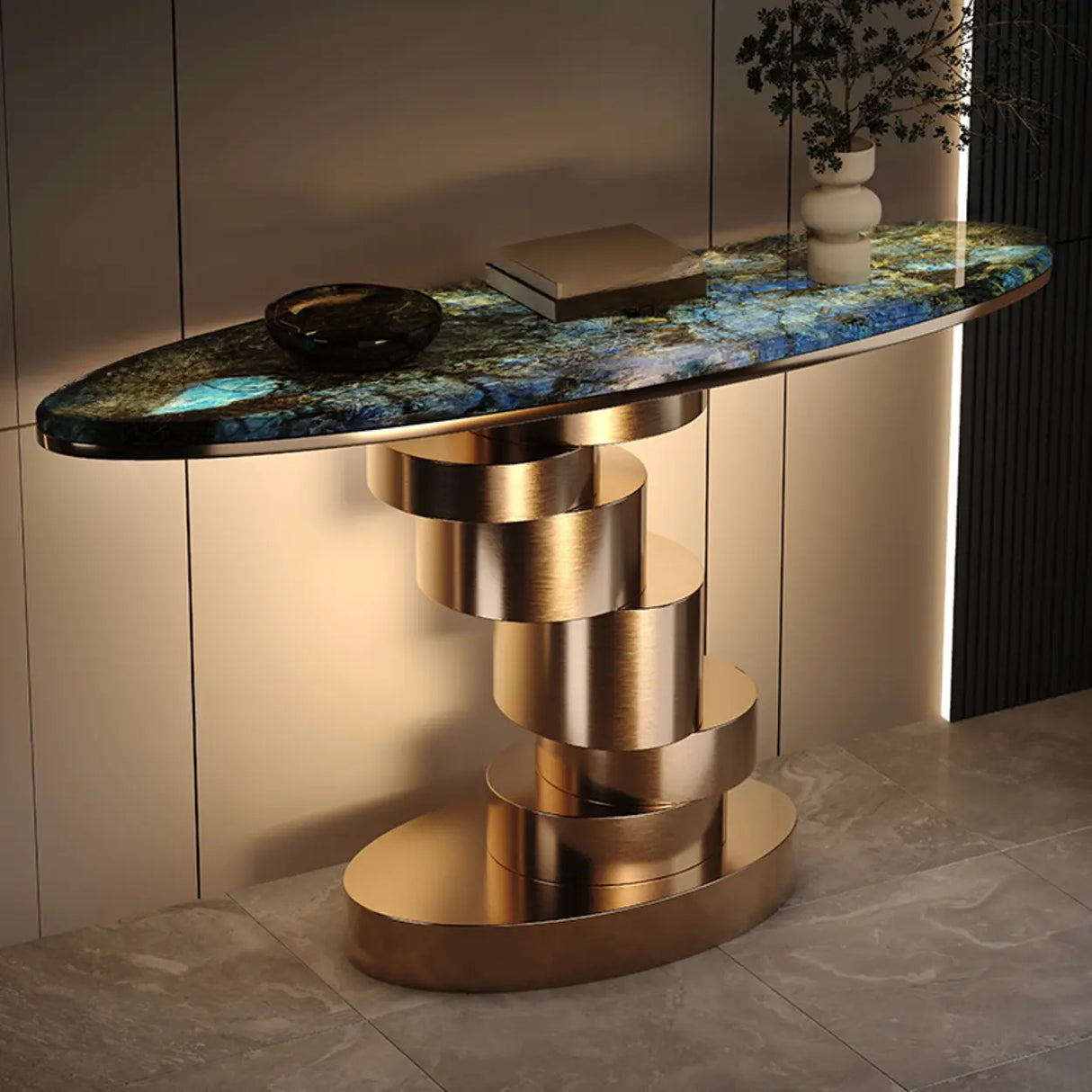 Sophisticated Oval Marble and Gold Decorative Console Table Image - 2