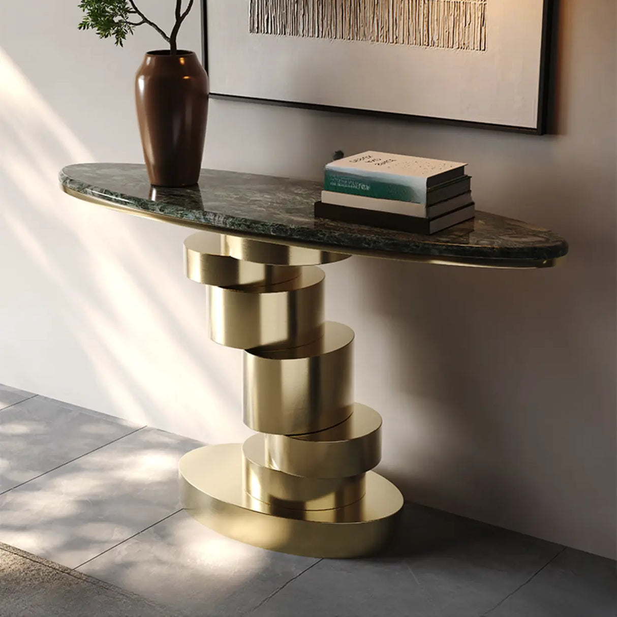 Sophisticated Oval Marble and Gold Decorative Console Table Image - 4