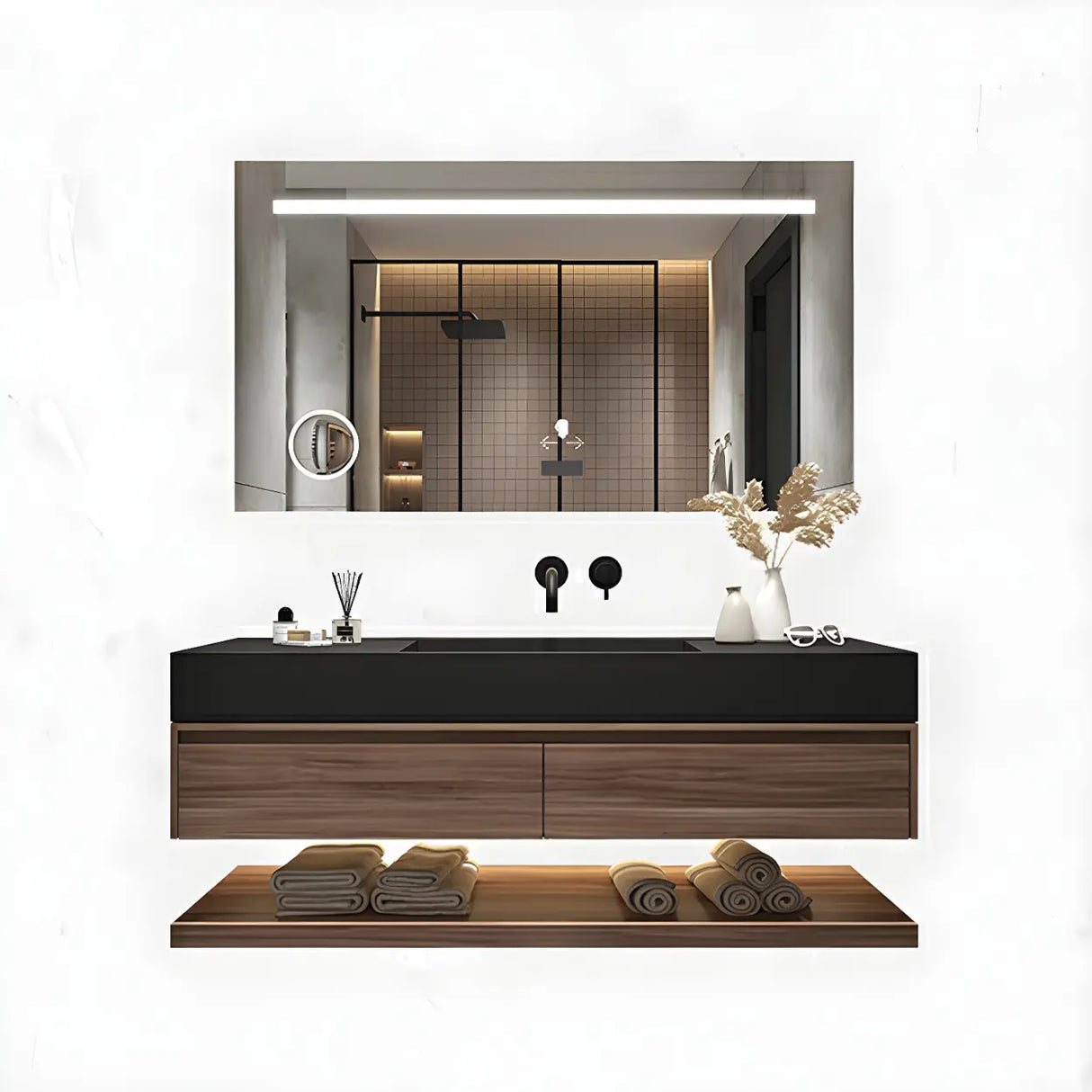 Spacious Wall Mounted Modern Stone Top Sink Bathroom Vanity Image - 11