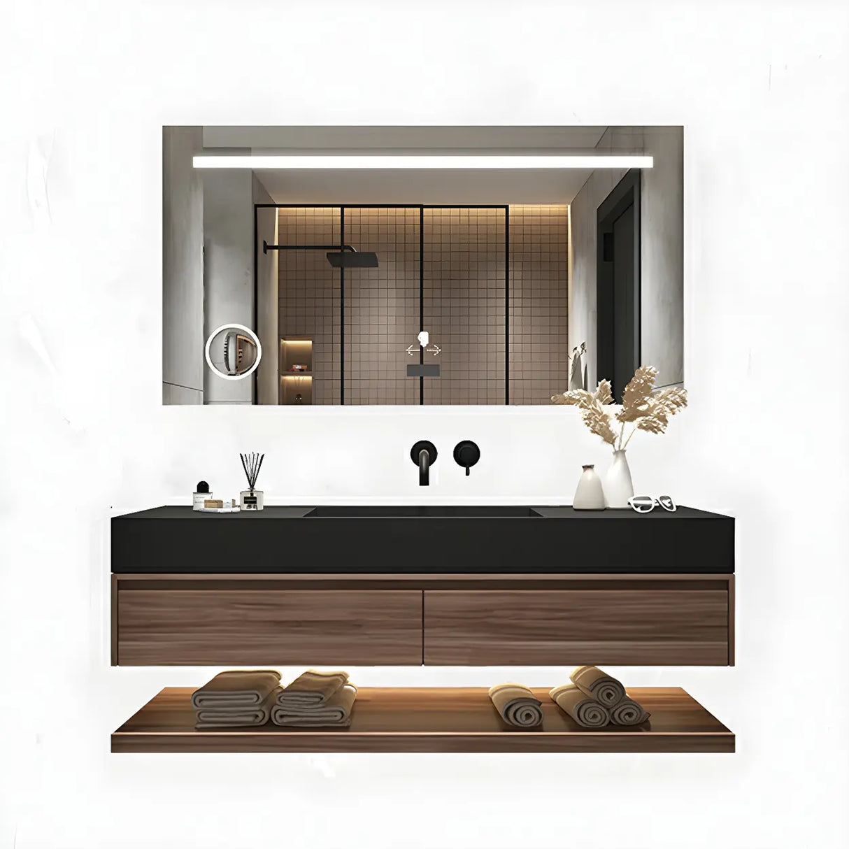 Spacious Wall Mounted Modern Stone Top Sink Bathroom Vanity Image - 12