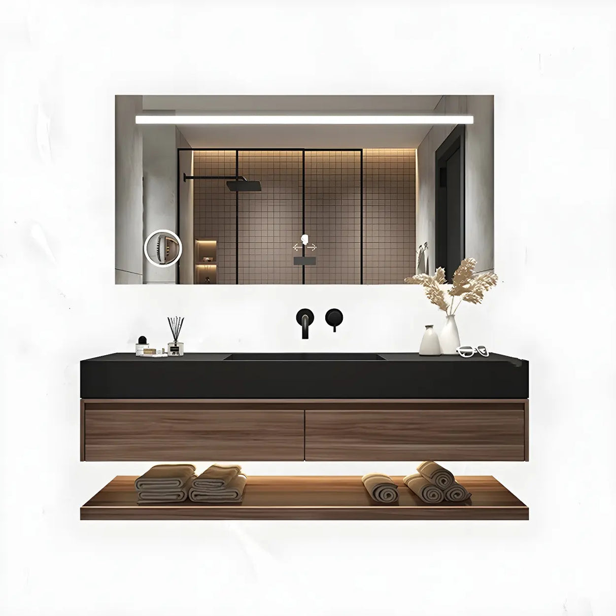 Spacious Wall Mounted Modern Stone Top Sink Bathroom Vanity Image - 13