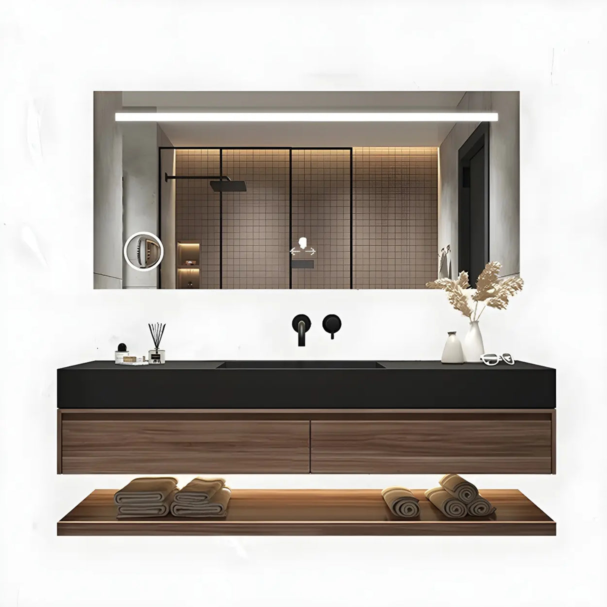 Spacious Wall Mounted Modern Stone Top Sink Bathroom Vanity Image - 14