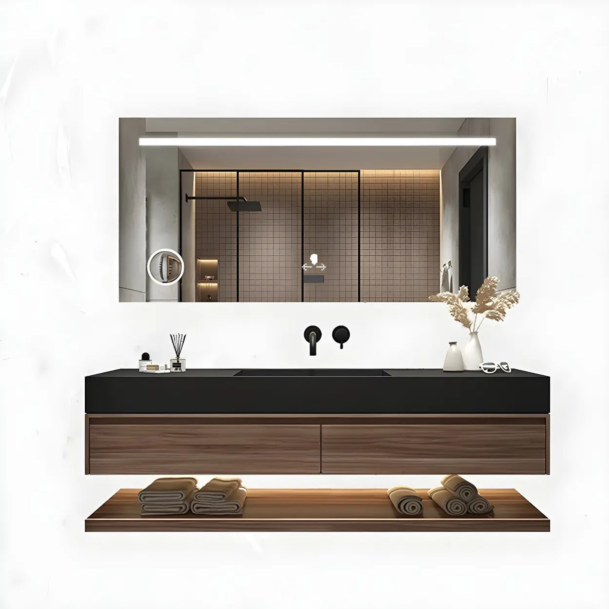 Spacious Wall Mounted Modern Stone Top Sink Bathroom Vanity Image - 15