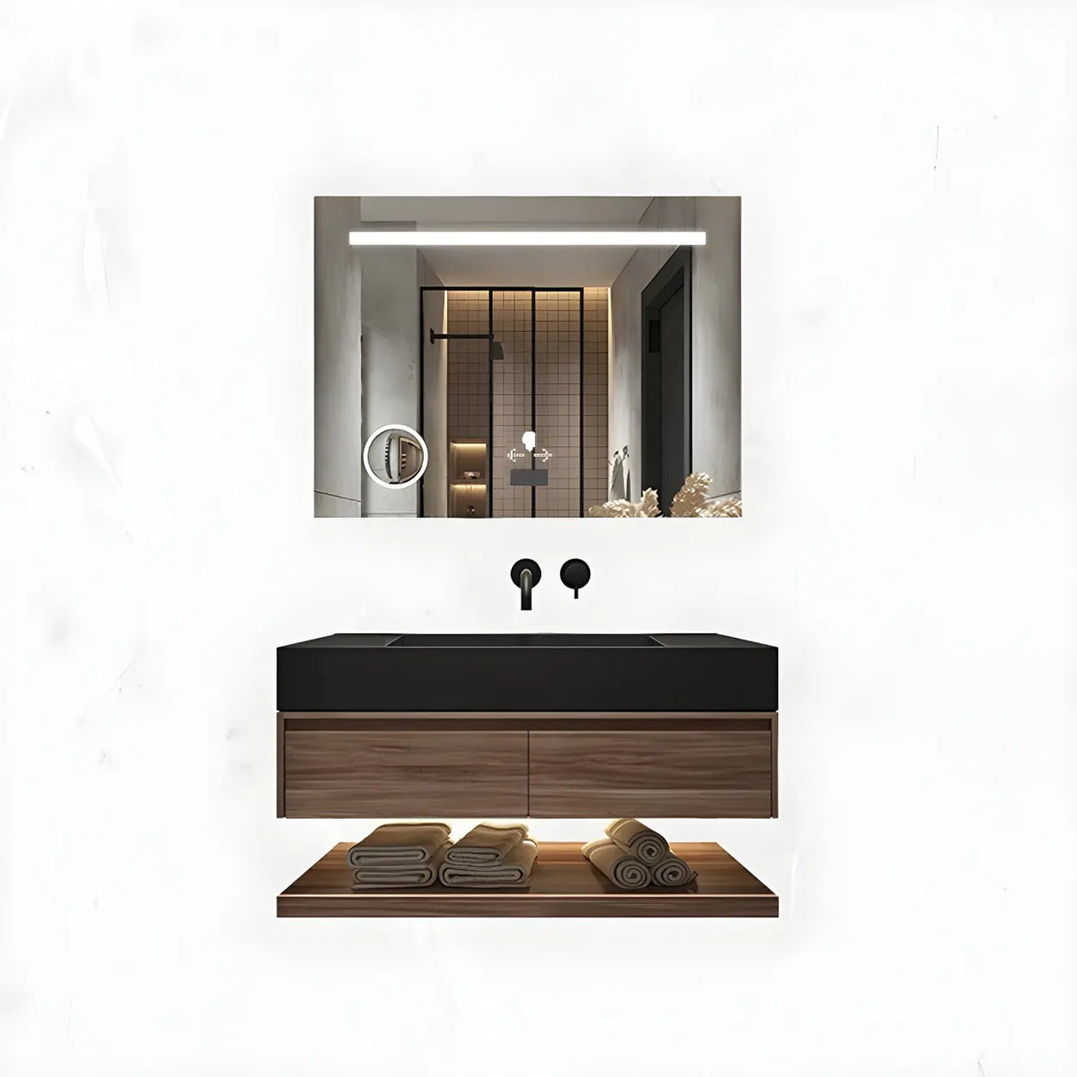 Spacious Wall Mounted Modern Stone Top Sink Bathroom Vanity Image - 2