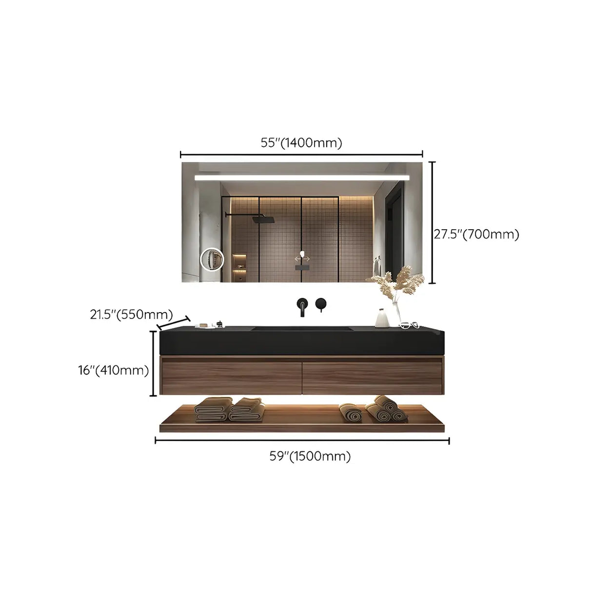 Spacious Wall Mounted Modern Stone Top Sink Bathroom Vanity Image - 23