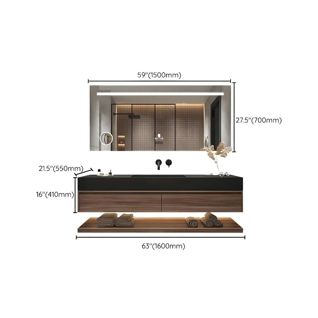 Spacious Wall Mounted Modern Stone Top Sink Bathroom Vanity Image - 24