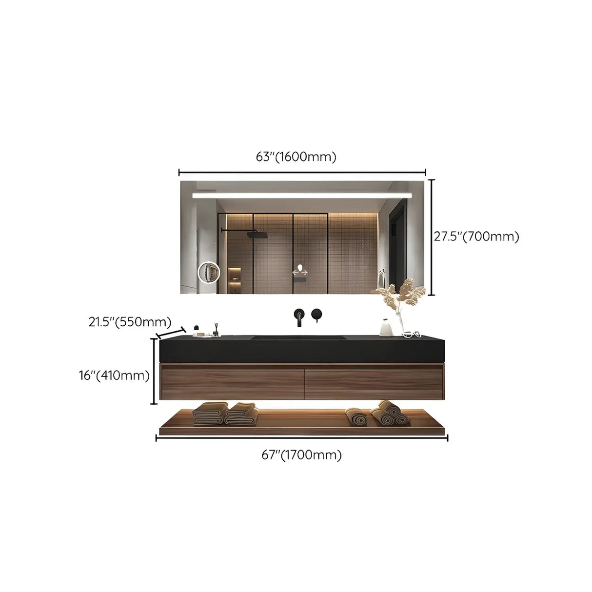 Spacious Wall Mounted Modern Stone Top Sink Bathroom Vanity Image - 25